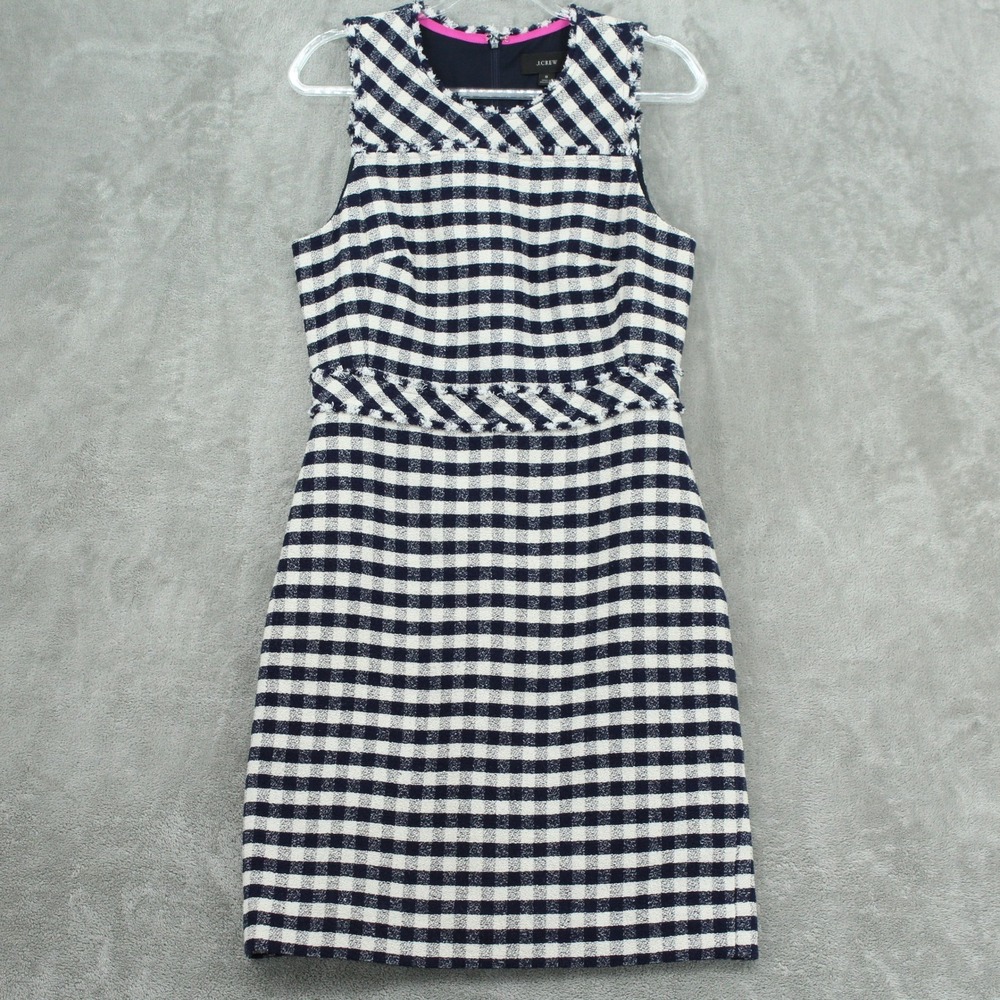 J Crew Dress Women 8  Sheath Navy Blue White Gingham Tweed Fringe Nautical AK645